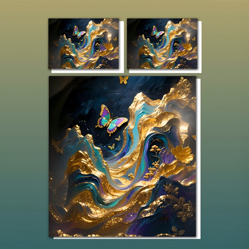 ‌Juego de cama con impresión digital 5D - ‌Arte de mariposas y oro