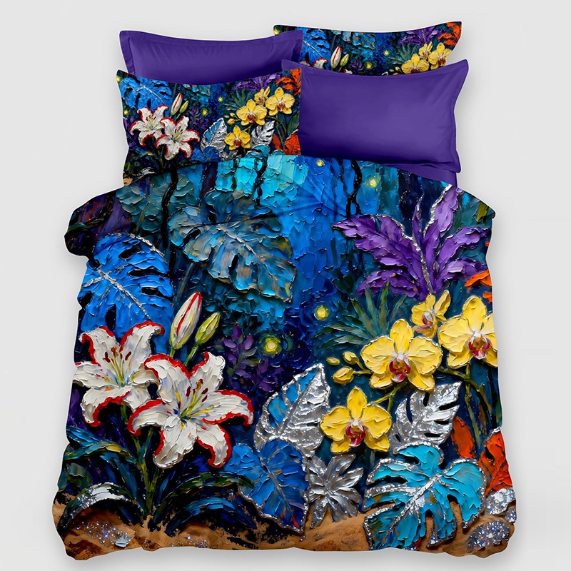 ‌Juego de cama con impresión digital con efecto de pintura al óleo 5D - ‌Floral tropical