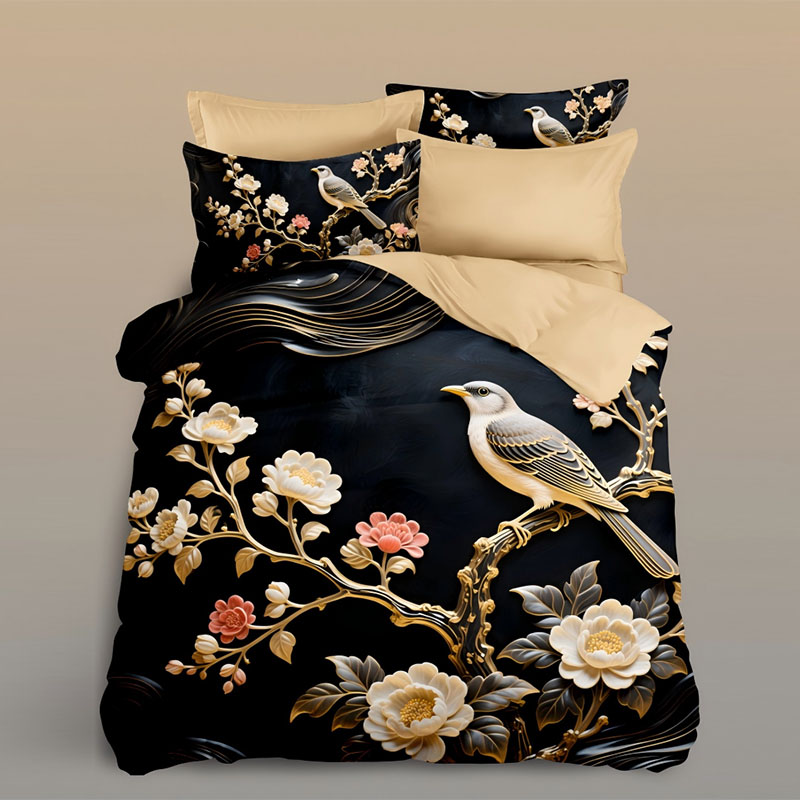 ‌Juego de cama con estampado digital floral 5D: pavo real y vid dorada