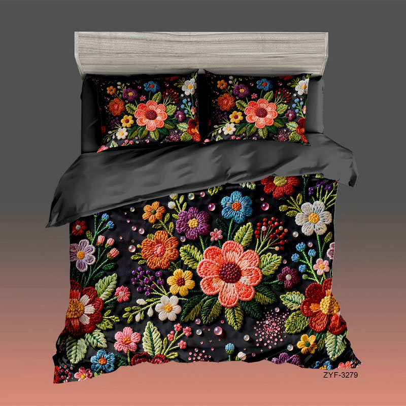Juego de cama con estampado digital con efecto de bordado floral 5D-Flores de noche oscura