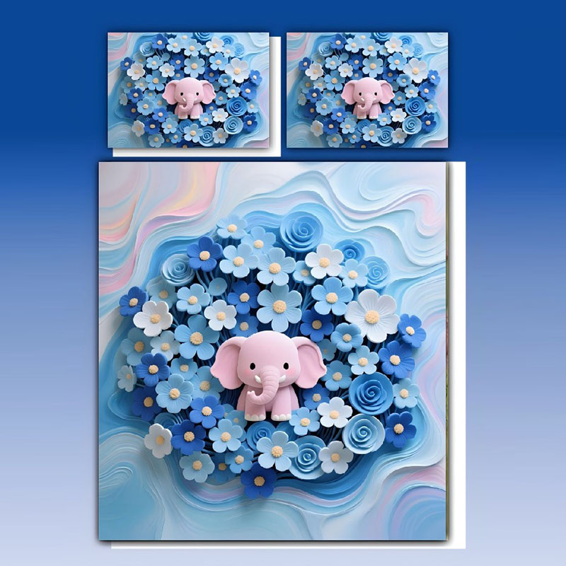 Juego de sábanas con estampado digital de dibujos animados 5D: elefante rosa y floral azul
