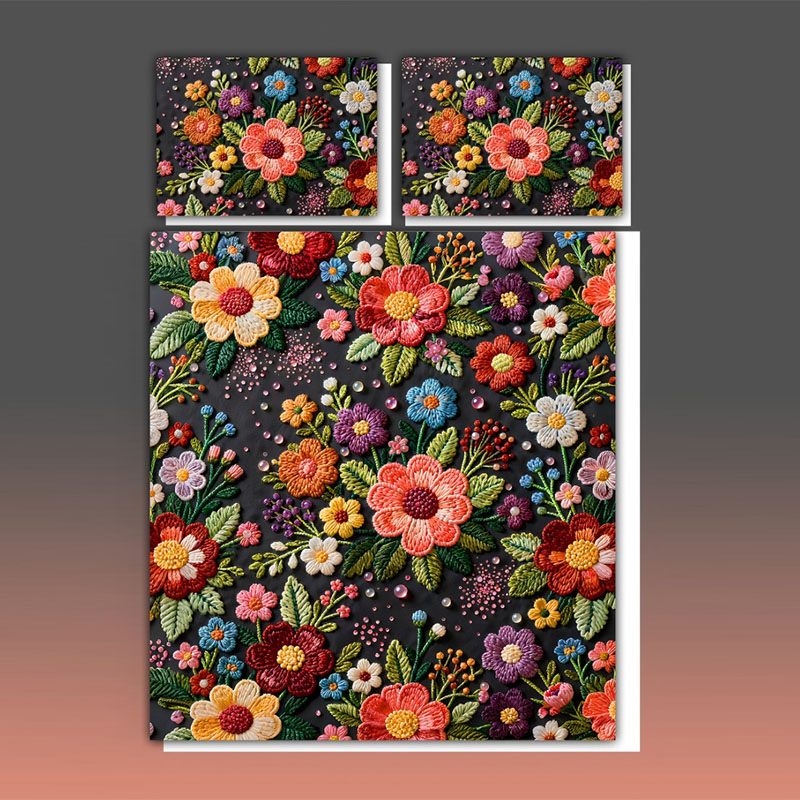 Juego de cama con estampado digital con efecto de bordado floral 5D-Flores de noche oscura