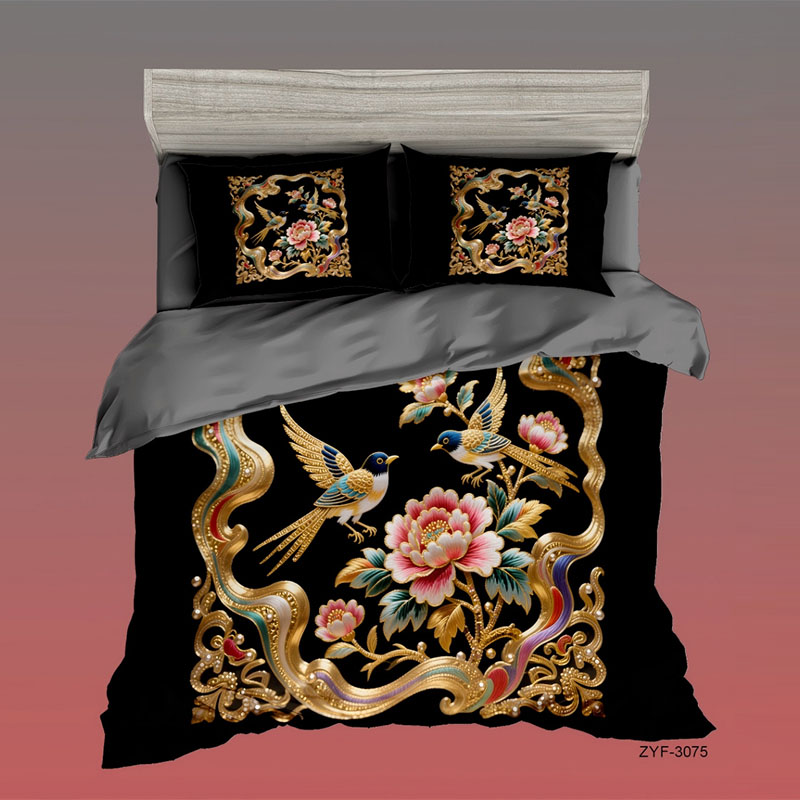 Juego de cama con estampado digital floral 5D - Golden Peony & Birds