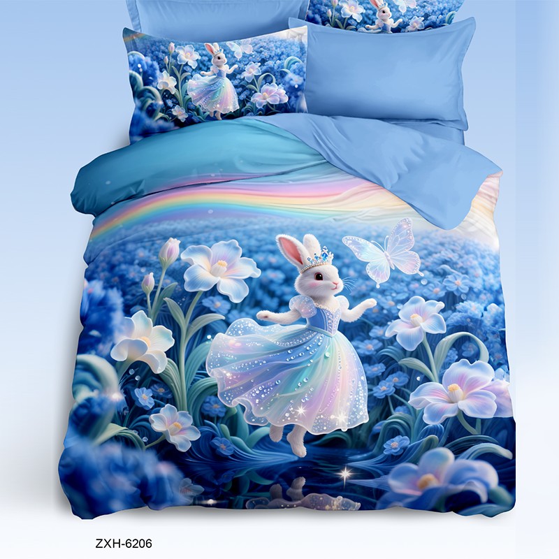 Juego de sábanas con estampado digital 5D de dibujos animados con una princesa conejita en un jardín de flores encantado