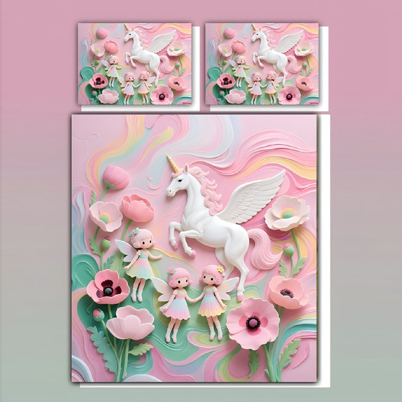 Juego de sábanas con estampado digital de dibujos animados 5D: unicornio y hada de las flores