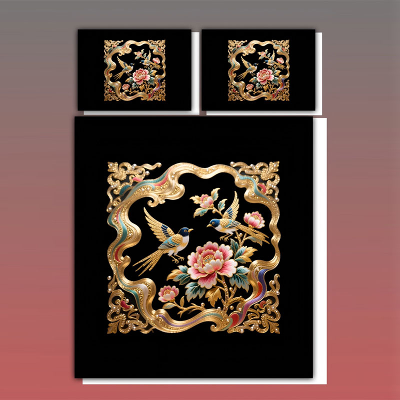 Juego de cama con estampado digital floral 5D - Golden Peony & Birds