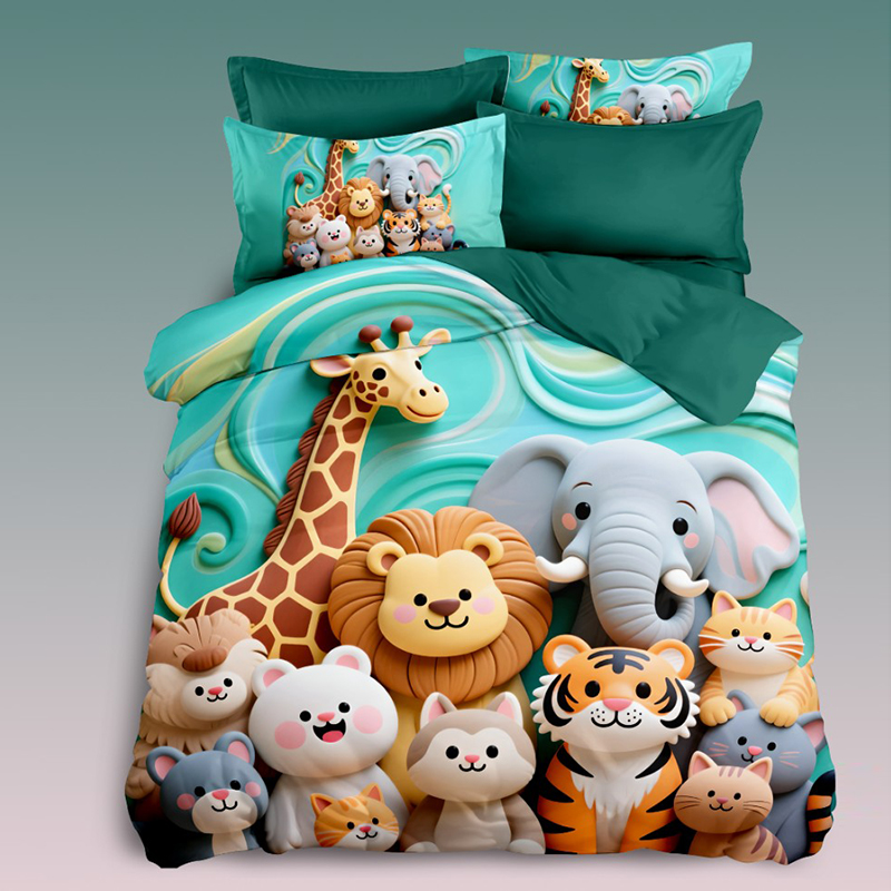 Juego de cama con estampado digital 5D de dibujos animados que presenta una linda colección de animales con colores vibrantes para una atmósfera alegre en el dormitorio
