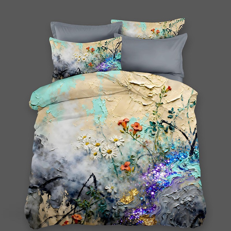 ‌Juego de cama con impresión digital con efecto de pintura al óleo 5D - ‌Daisy & Wildflower