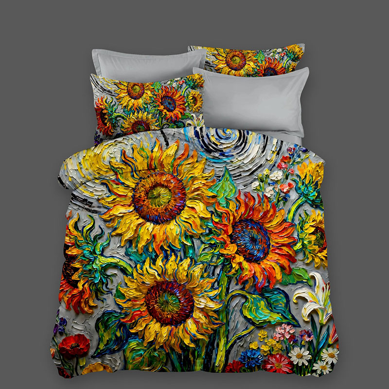 Juego de cama con efecto de pintura al óleo 5D - Jardín de girasoles