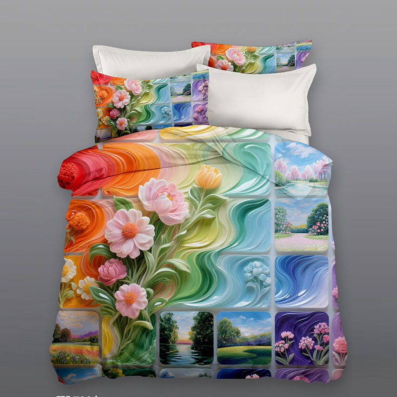 ‌Juego de cama con estampado digital floral 5D -Floral y paisaje