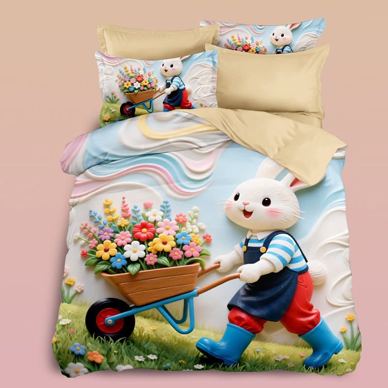 Juego de cama con estampado digital 5D de dibujos animados con conejito cargando flores en un hermoso jardín para un dormitorio caprichoso y tranquilo