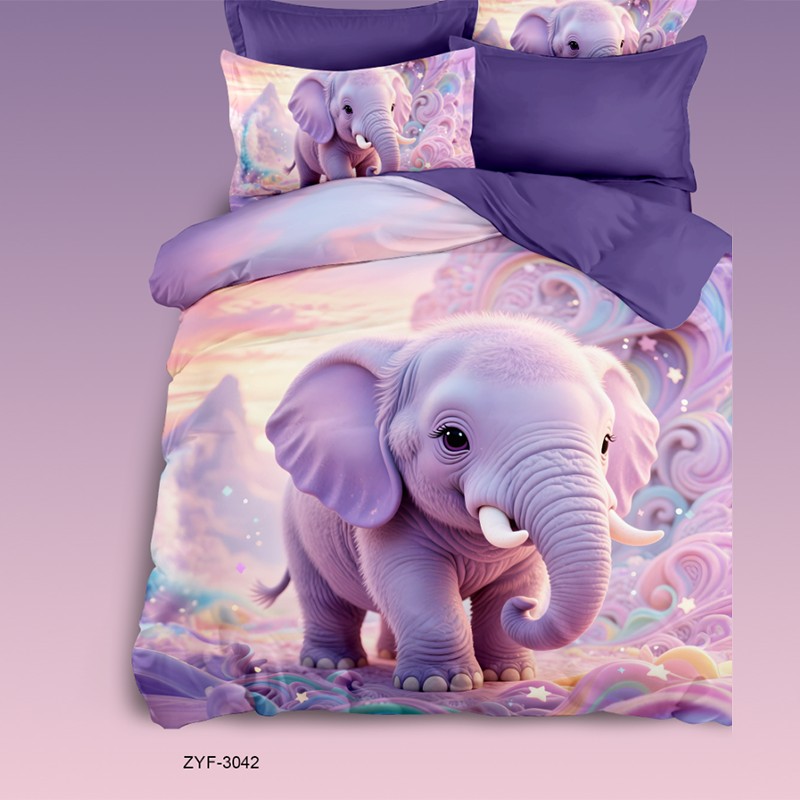 Juego de sábanas con estampado digital 5D de dibujos animados con un elefante morado de ensueño en nubes arremolinadas
