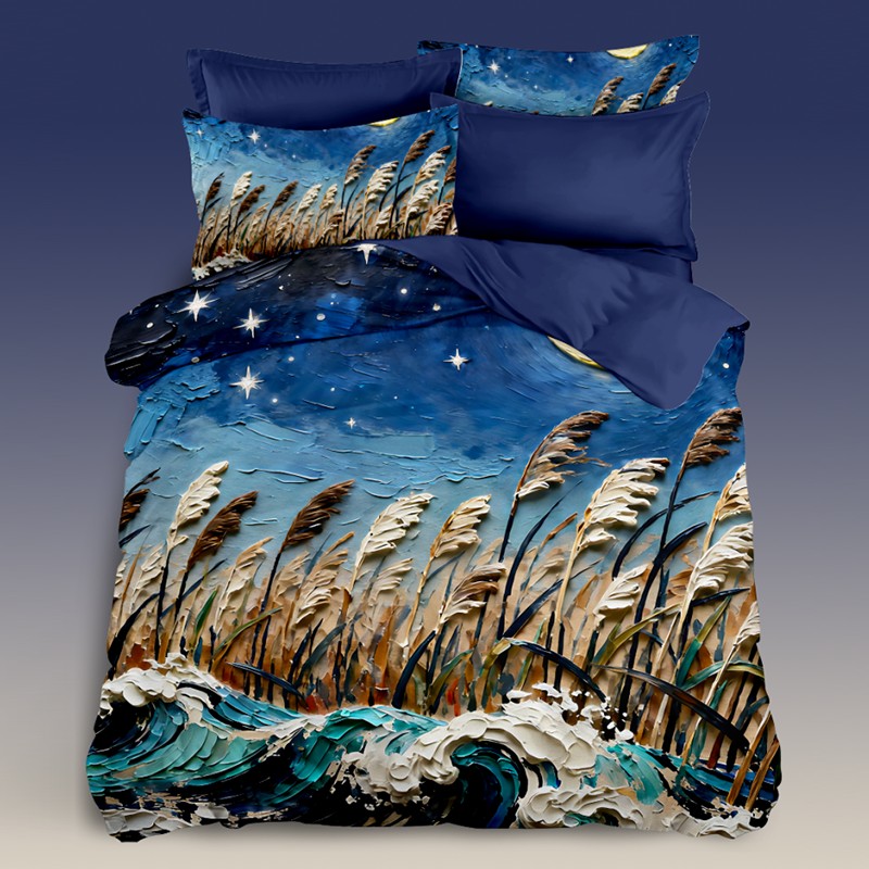 Juego de cama con efecto de pintura al óleo 5D - Caña iluminada por la luna