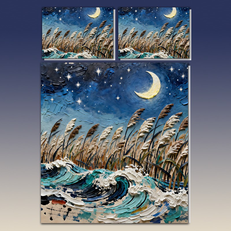 Juego de cama con efecto de pintura al óleo 5D - Caña iluminada por la luna