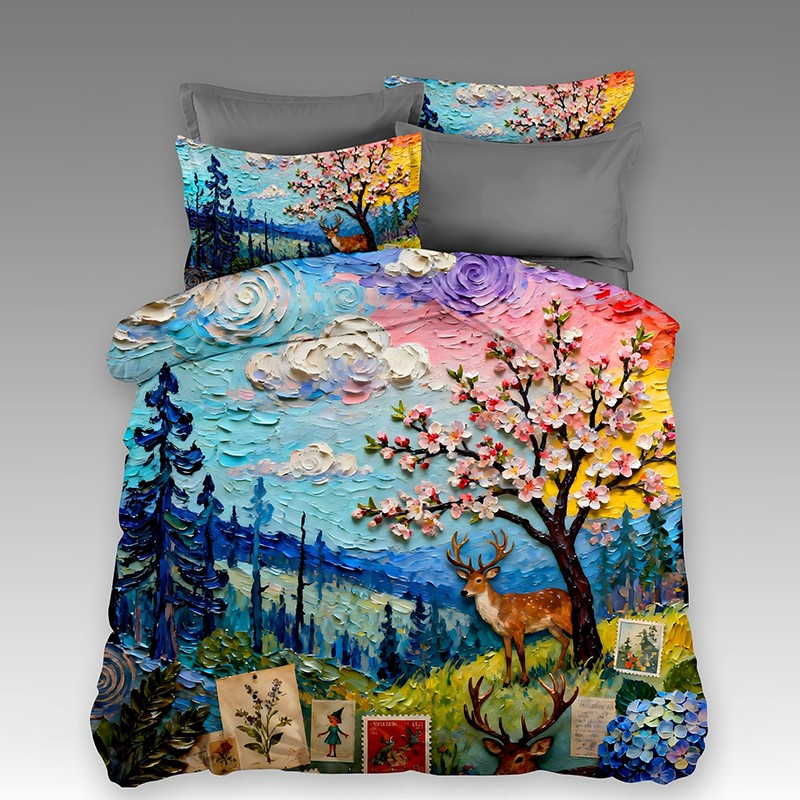 ‌Juego de cama con impresión digital con efecto de pintura al óleo 5D - ‌Bosque floreciente