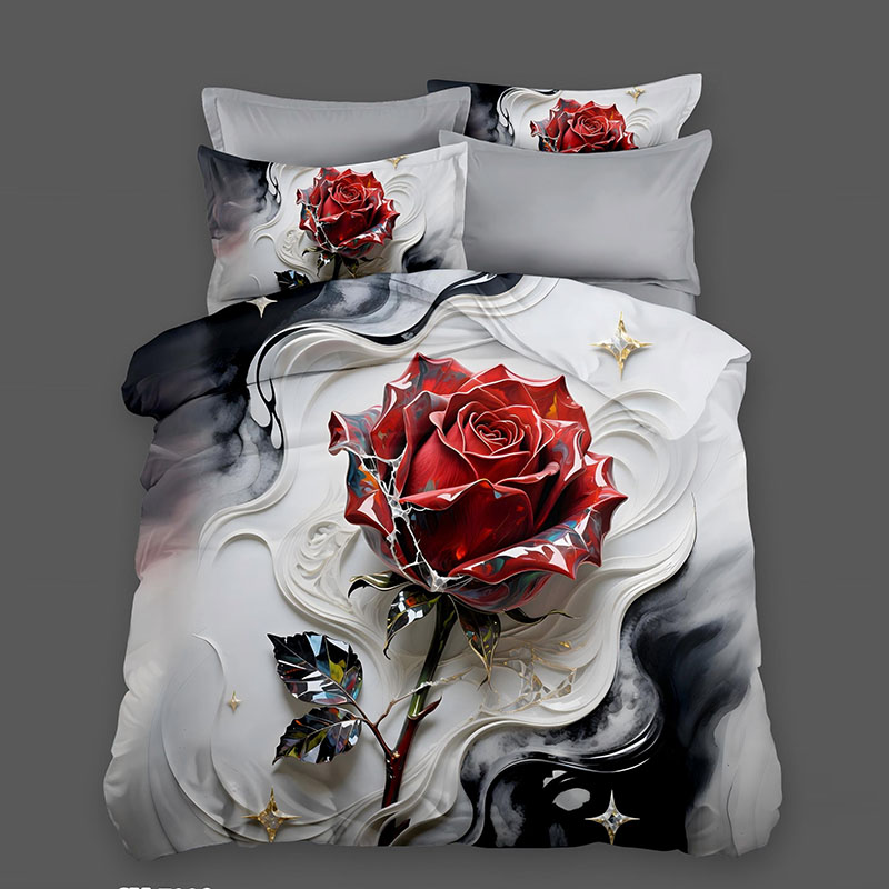 Juego de cama con estampado digital floral 5D - Rosa roja