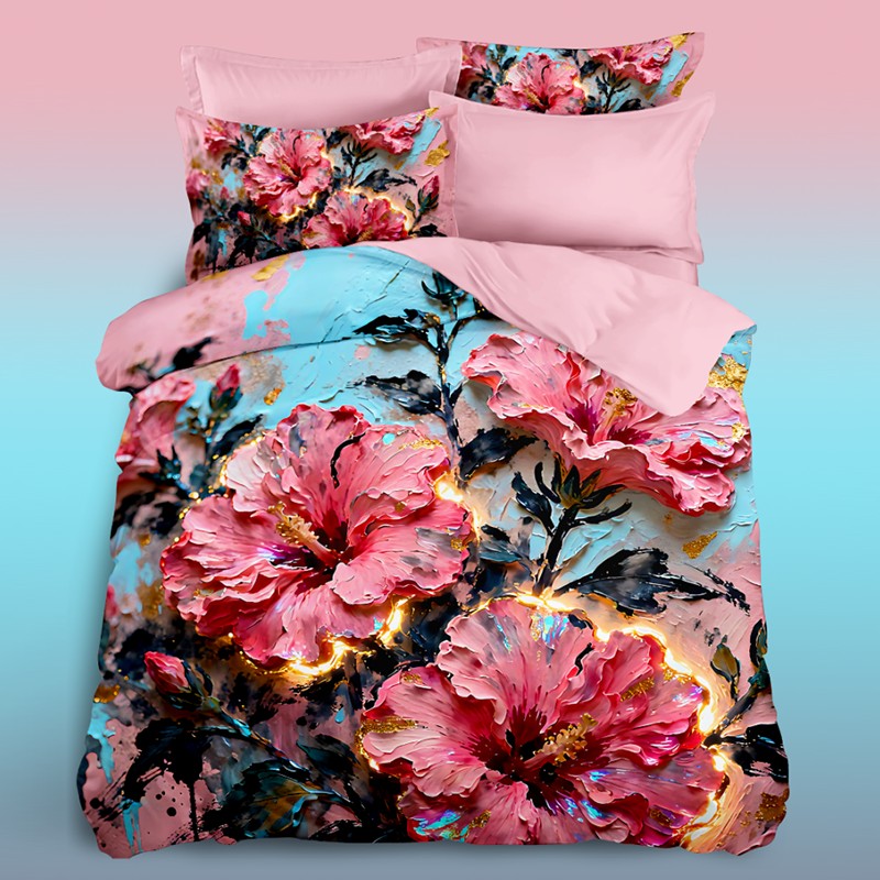 Juego de cama con efecto de pintura al óleo 5D - Flor de hibisco