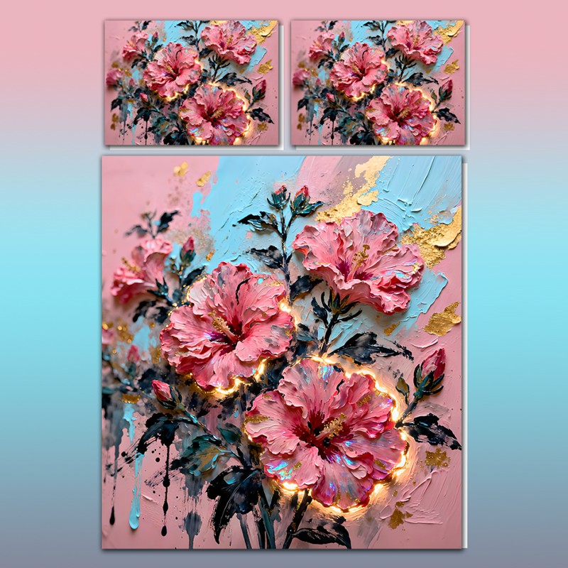 Juego de cama con efecto de pintura al óleo 5D - Flor de hibisco