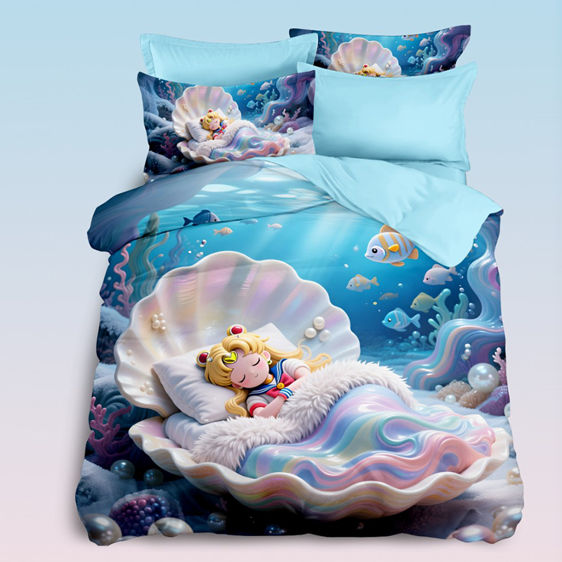Juego de cama con estampado digital 5D de dibujos animados que presenta un diseño de princesa submarina con una concha de ensueño para una experiencia mágica en el dormitorio