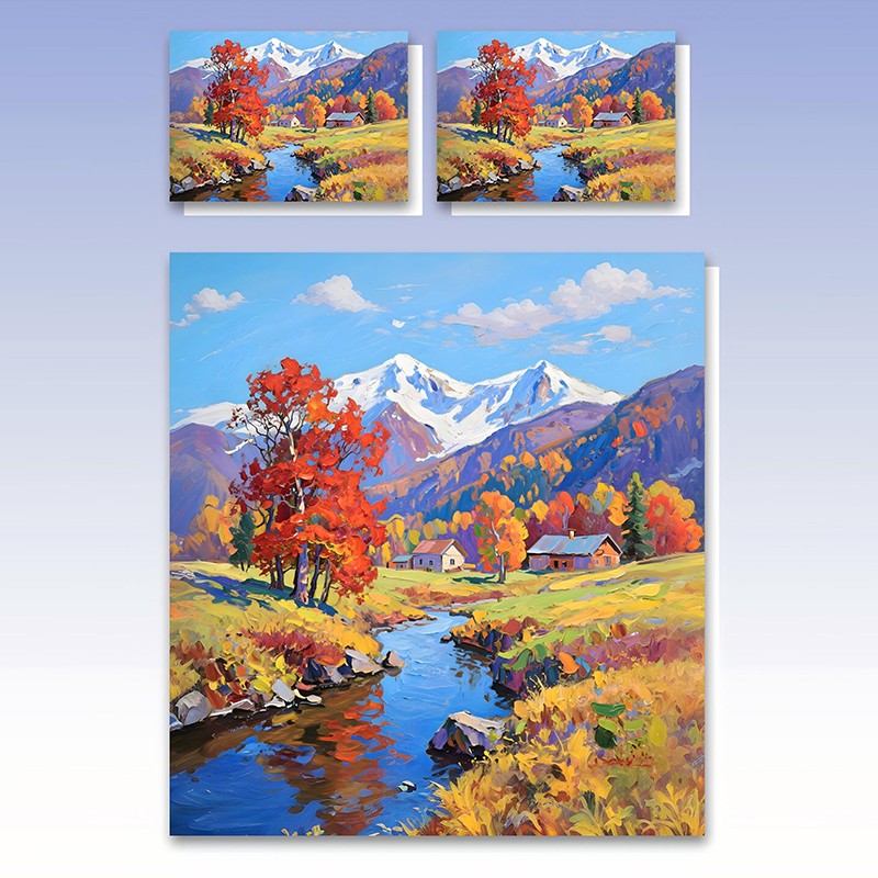 Juego de cama con impresión digital con efecto de pintura al óleo 5D - Mountain Retreat