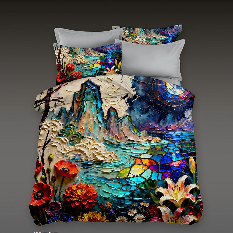 ‌Juego de cama con efecto de pintura al óleo 5D - Vibrante floral y cascada