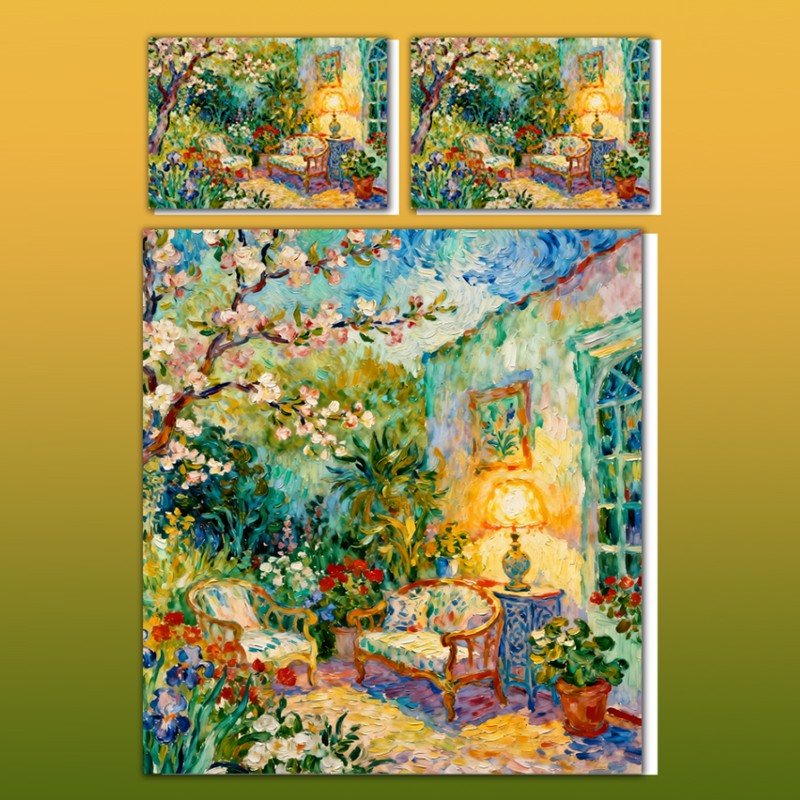 Juego de cama con efecto de pintura al óleo 5D - Jardín trasero