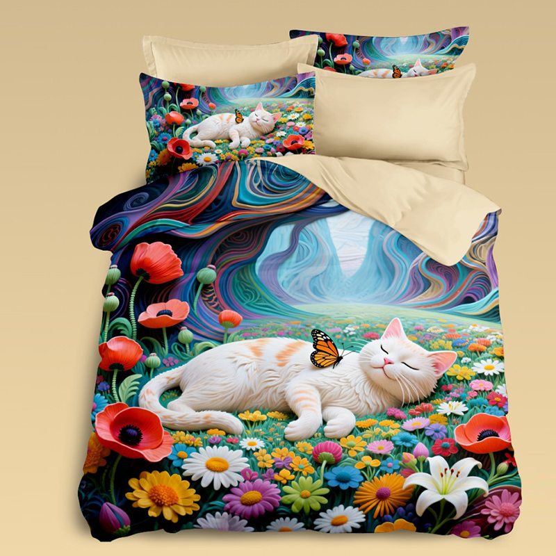 Juego de cama con estampado Digital 5D de dibujos animados, con un gato durmiendo rodeado de flores coloridas para un ambiente relajante en el dormitorio
