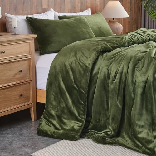 Juego de edredón de terciopelo verde bosque – Juego de cama acolchado ultra suave de 3 piezas