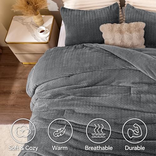 Juego de edredón reversible de franela y terciopelo de punto - Juego de cama de 3 piezas con textura de hoja en 3D