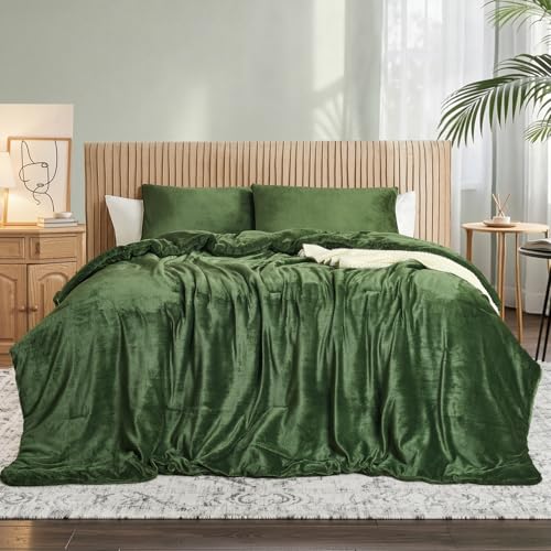 Juego de edredón de terciopelo verde bosque – Juego de cama acolchado ultra suave de 3 piezas