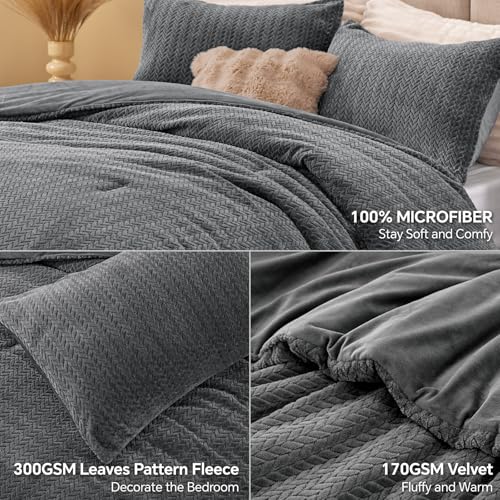 Juego de edredón reversible de franela y terciopelo de punto - Juego de cama de 3 piezas con textura de hoja en 3D