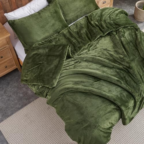 Juego de edredón de terciopelo verde bosque – Juego de cama acolchado ultra suave de 3 piezas