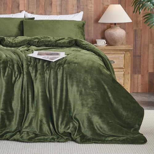 Juego de edredón de terciopelo verde bosque – Juego de cama acolchado ultra suave de 3 piezas