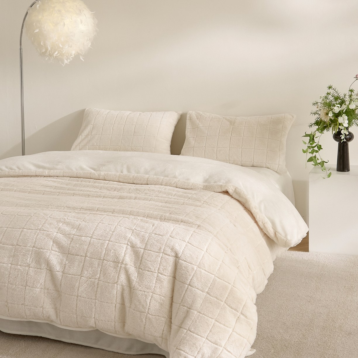 Juego de edredón a cuadros de piel sintética de conejo y terciopelo con leche - Juego de cama de 3 piezas de jacquard suave