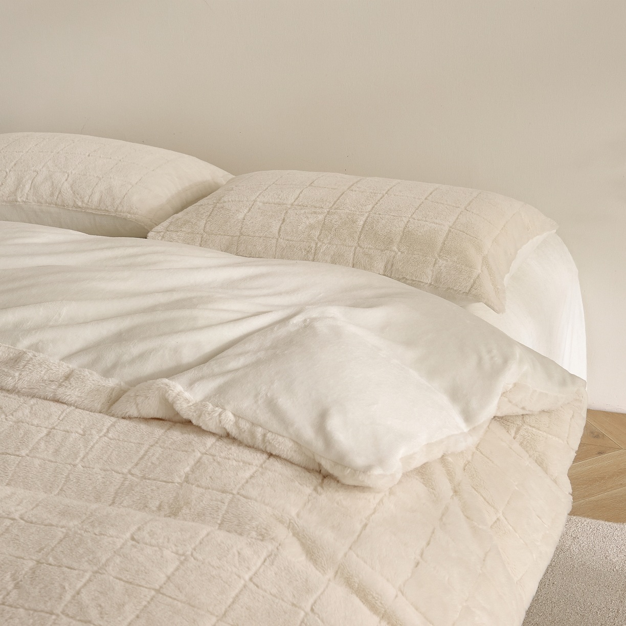 Juego de edredón a cuadros de piel sintética de conejo y terciopelo con leche - Juego de cama de 3 piezas de jacquard suave