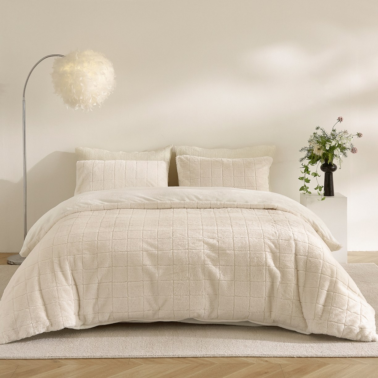 Juego de edredón a cuadros de piel sintética de conejo y terciopelo con leche - Juego de cama de 3 piezas de jacquard suave